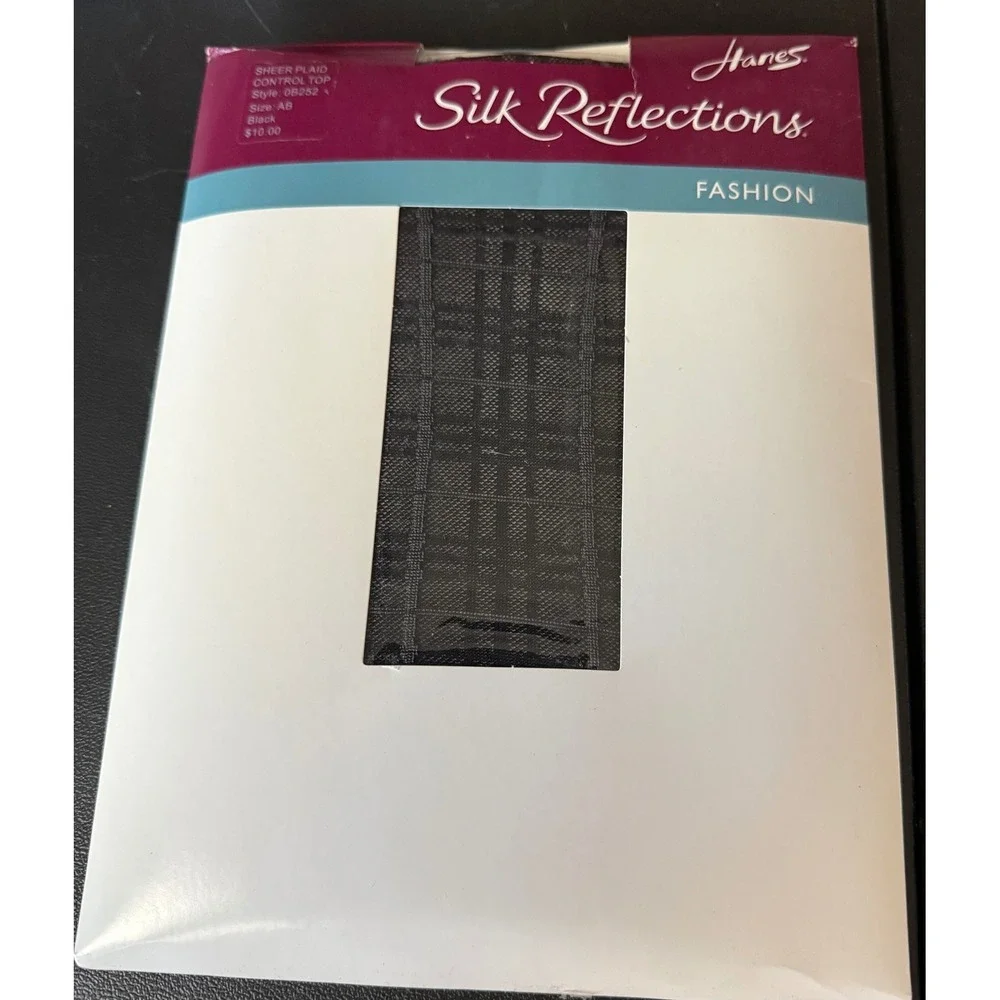 Hanes Womens AB Tights Black Sheer Plaid Control Top Silk Reflections 0B252‎ NEW